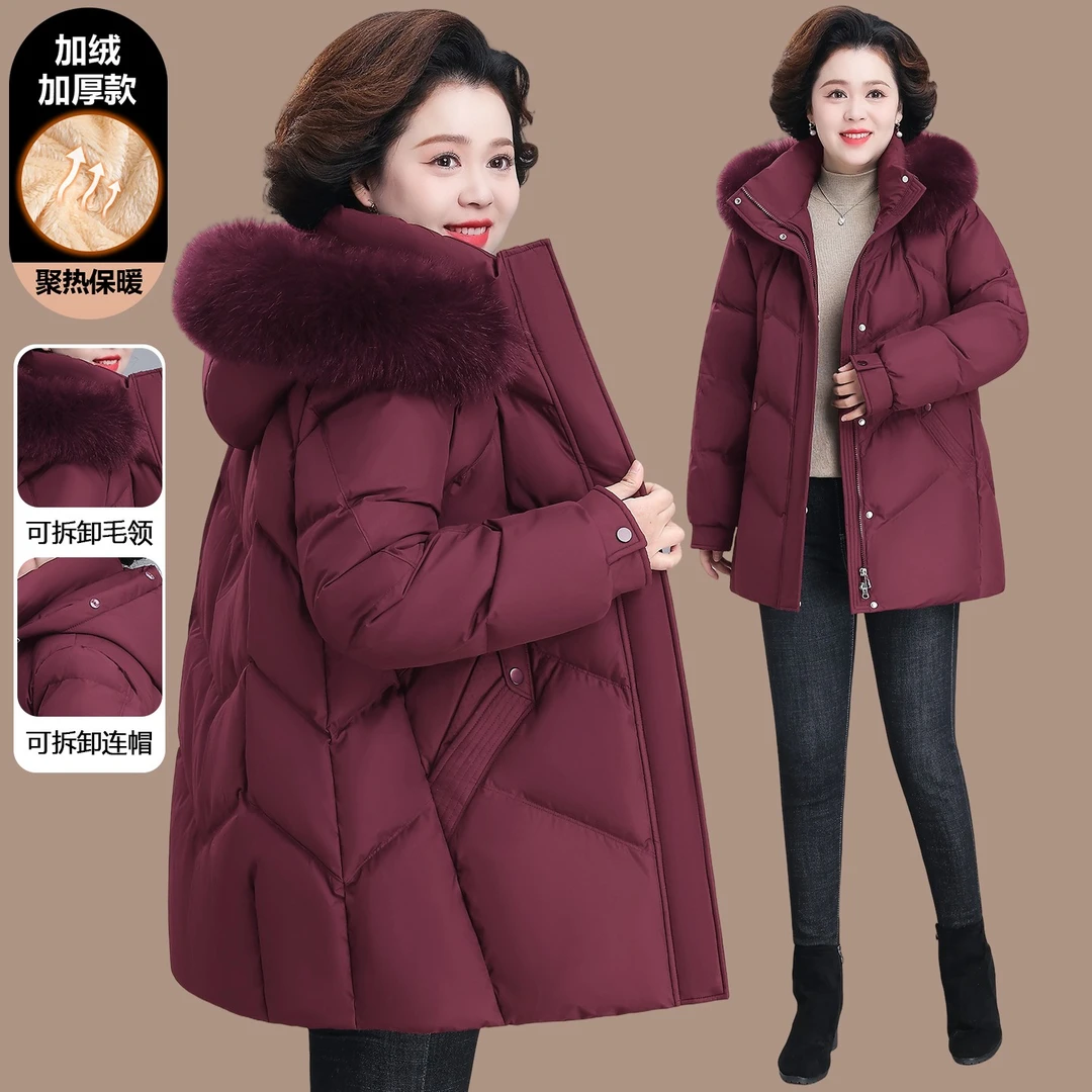 新款妈妈冬装加绒加厚保暖棉衣外套时尚毛领中老年人女装显瘦棉袄