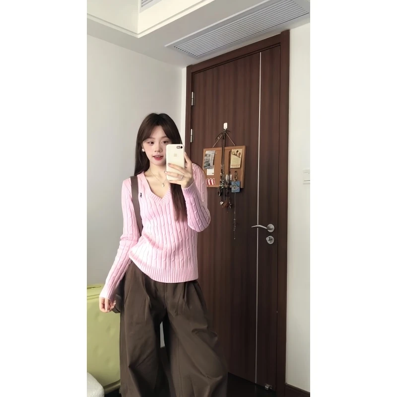 韩系V领高级设计感修身显瘦长袖针织衬衫上衣高腰显瘦阔腿裤套装