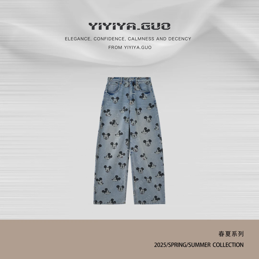 yiyiya.Guo艺艺吖【米奇家族】时尚百搭印花阔版直筒牛仔裤1967SS52