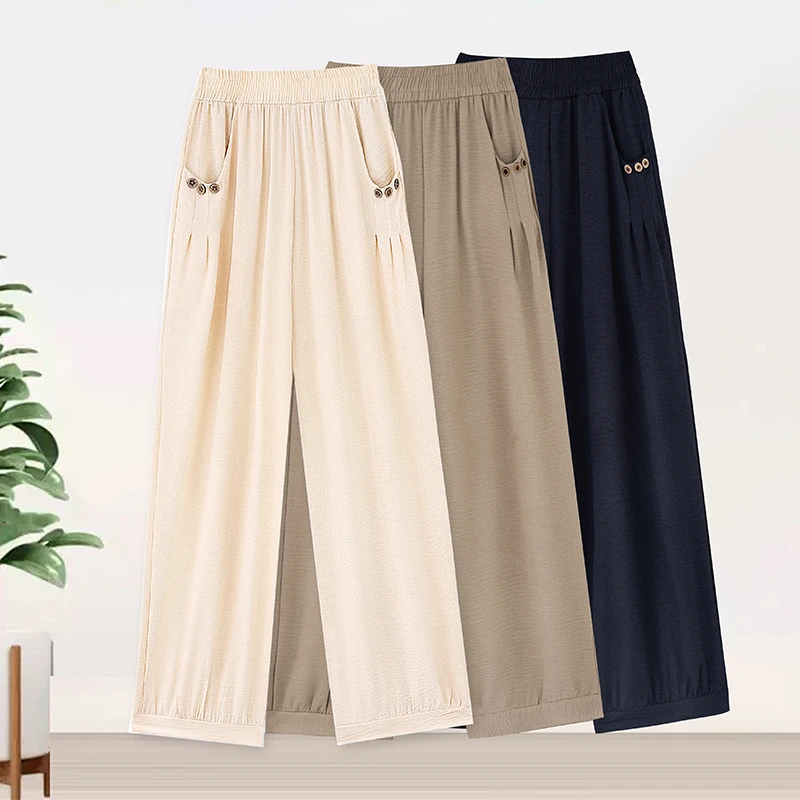 妈妈装阔腿裤女夏季薄款宽松休闲裤高腰中老年女装直筒百搭长裤子