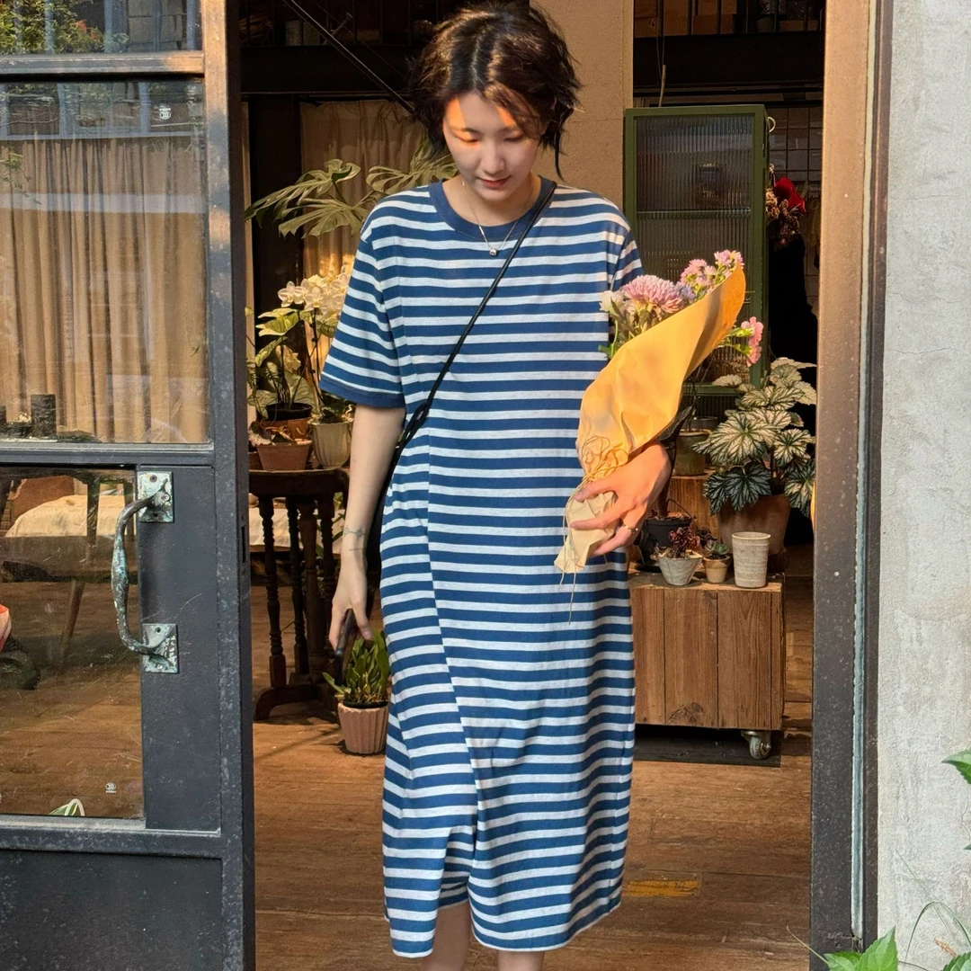 浪清/女装推荐 博伊茜蓝白条纹圆领连衣裙44845/45169#新款裙子