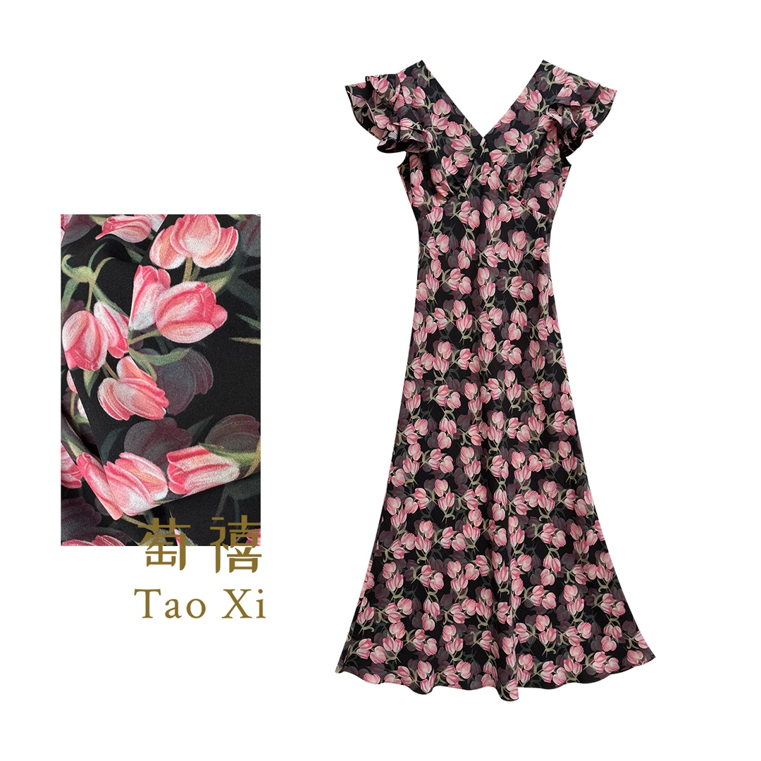 【如果】设计师夏季款时尚印花V领飞飞袖气质轻奢连衣裙TX06QZ1078