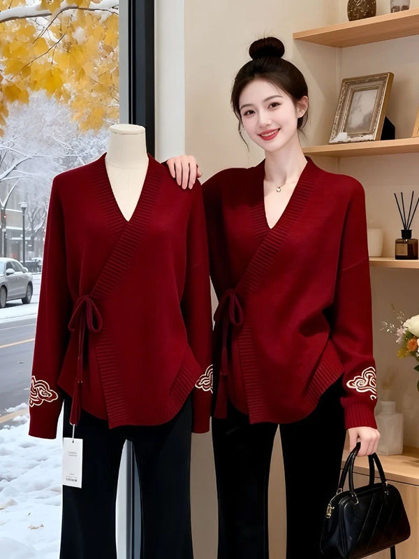 新中式国风V领毛衣女2026秋冬新款高级感针织衫可外穿内搭上衣女