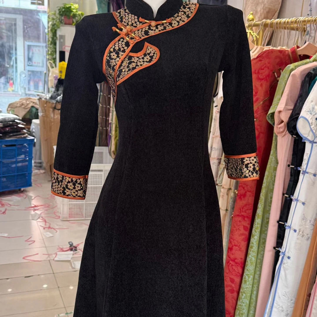 〔清书C〕秋冬春旗袍裙复古改良高腰A字新中式国风旗袍连衣裙长袖款