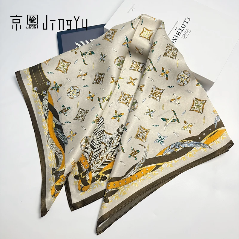 京榆 丨四叶花丨100%桑蚕丝14姆米素绉缎中方巾围巾女丝巾65*65cm