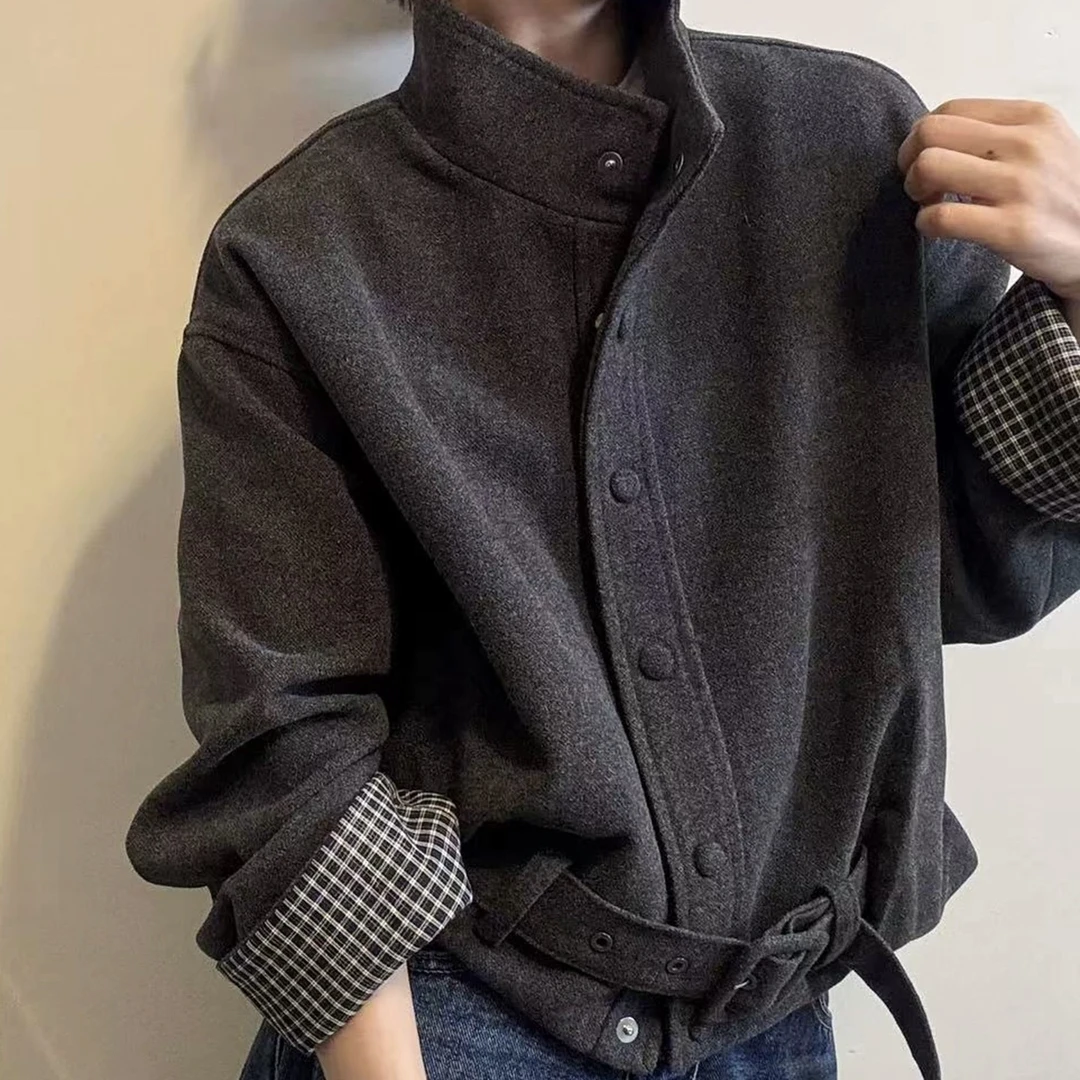 格纹拼色灰色休闲短款呢子大衣外套