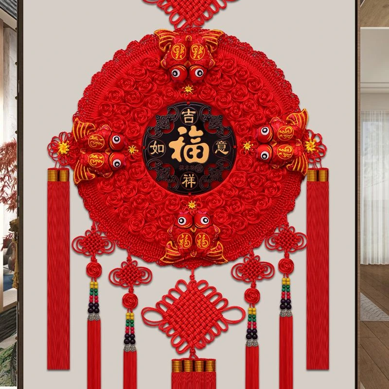 超大号太阳花桃木中国结圆形挂件福字客厅中式手工编织乔迁搬