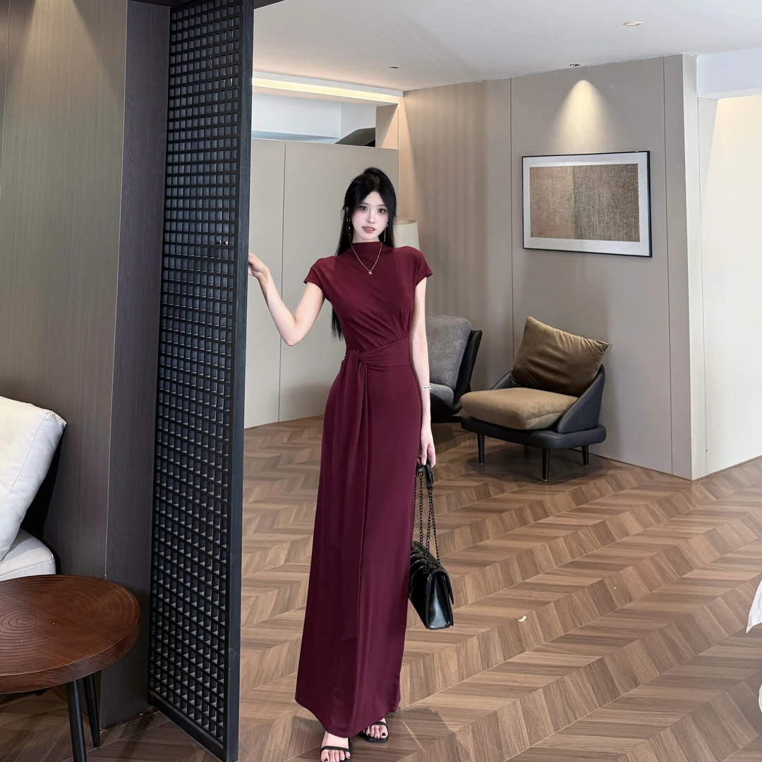 TITI 半高领短袖拼接绑带夏季新款修身显瘦收腰直筒裙长裙