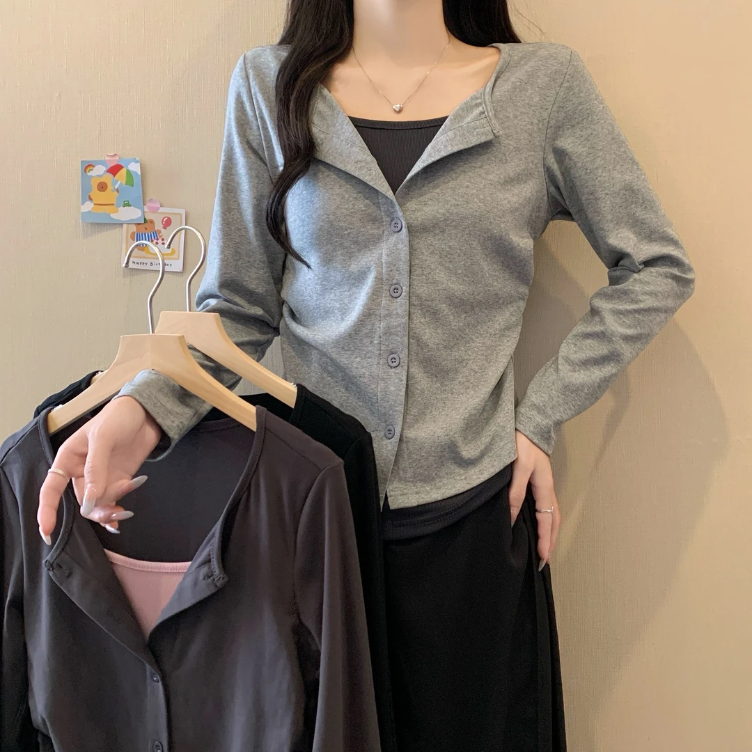 【wy】2025大码女装春季新款假两件辣妹纯欲风长袖正肩上衣3073