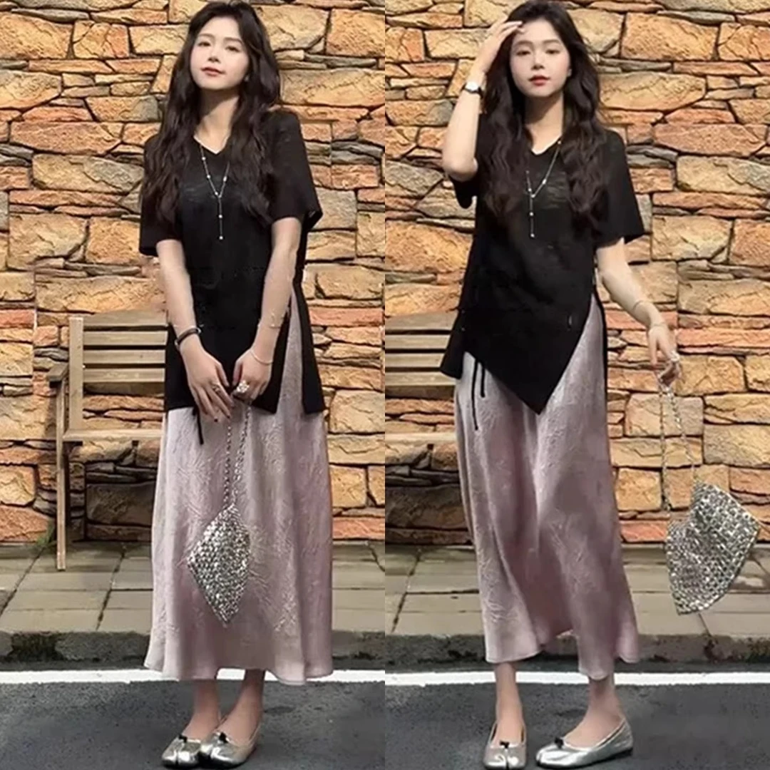 超好看时尚穿搭不规则开叉短袖T恤上衣+滑面半身裙两件套女夏季潮
