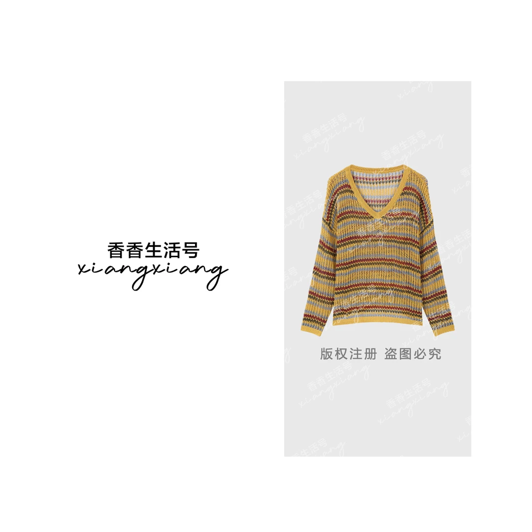 【香香严选】“镂空格纹”琥珀流光时尚气质条纹镂空V领长袖上衣202