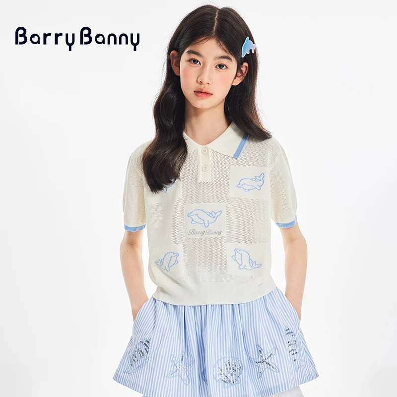 BarryBanny女童海洋polo衫短袖2025夏季新款海豚透气翻领T恤上衣