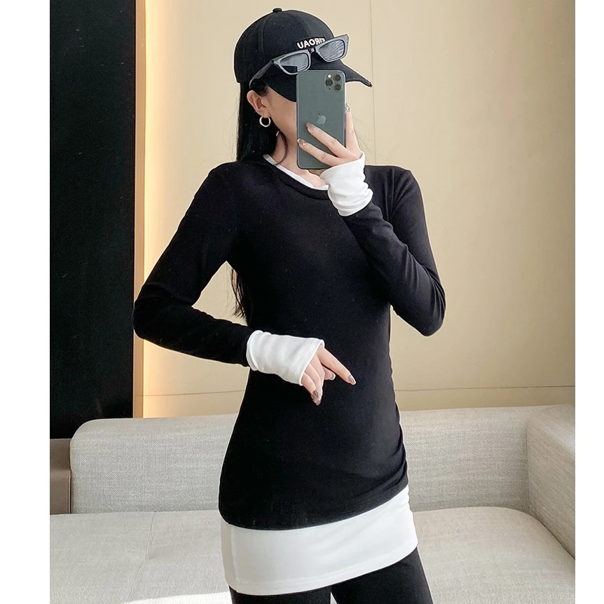 假两件不规则磨毛内搭打底衫女春秋修身显瘦中长款配鲨鱼裤的上衣