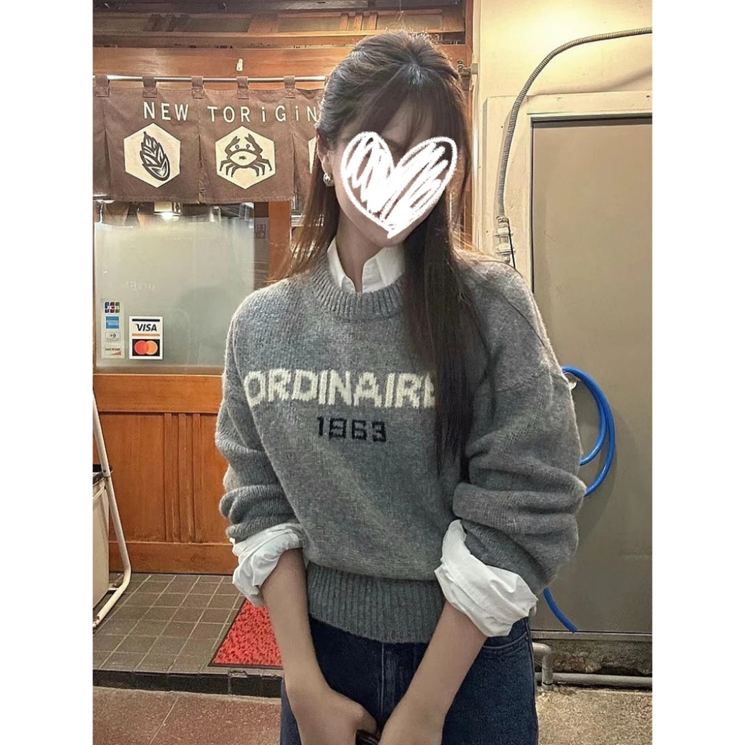 韩国首尔~秋季新款宽松纯色百搭休闲复古字母针织毛衣女Y3652