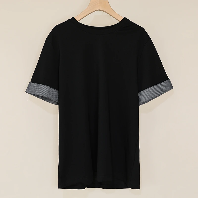 条纹袖百搭双层叠穿T恤女圆领拼接撞色袖短袖休闲宽松上衣