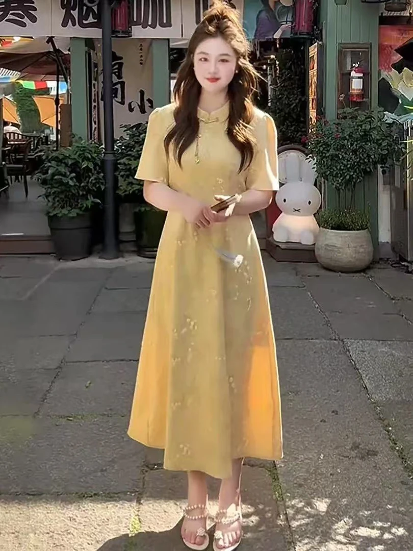 新中式大码女装新中式气质短袖连衣裙女夏季胖mm遮国风新中式女装