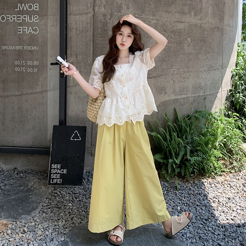 韩系绝美减龄ootd穿搭套装女2025夏新款显瘦刺绣衬衫阔腿裤两件套