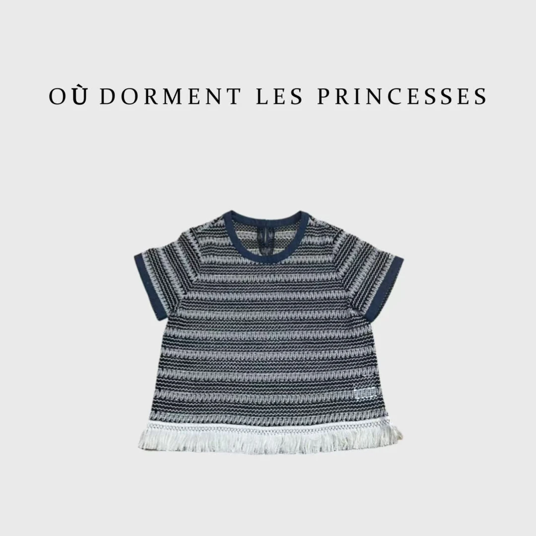 Fen姐|【怀旧信纸】时尚百搭设计感镂空拼接毛须边条纹上衣259589