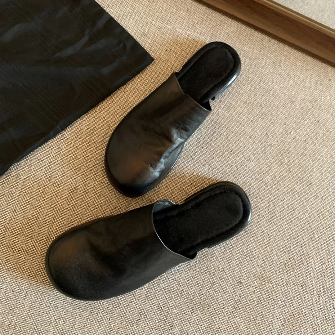 复古真皮软底包头拖鞋女夏季外穿半拖2025新款简约平底圆头穆勒鞋