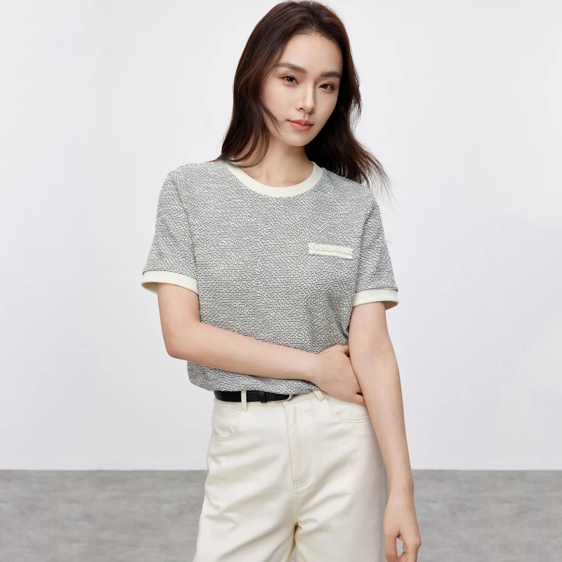 【撞色领T恤】时尚撞色罗纹领钉珠编织带装饰休闲针织T恤59032