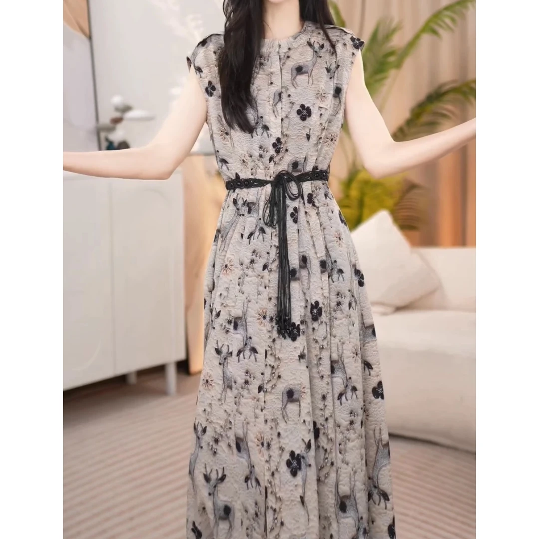 高档气质度假风印花圆领连衣裙2025夏季新款遮肉显瘦减龄中长裙子