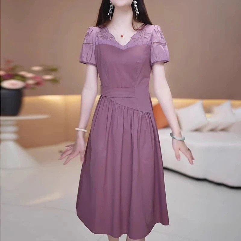 洋气四面弹纯色气质中长连衣裙时尚2025气质夏季新款显瘦