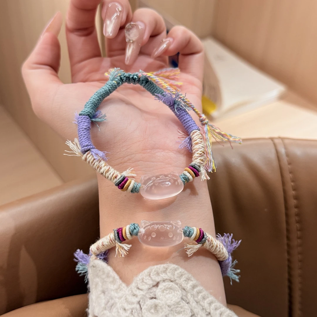 晶挖挖天然粉水晶净体法棍猫手串手链编绳手绳（0777）多样性发其一