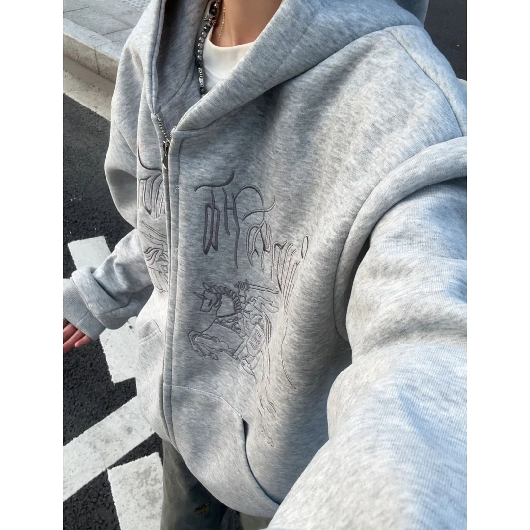 国潮美式复古刺绣卫衣开衫男女春秋季设计感日系百搭休闲连帽外套