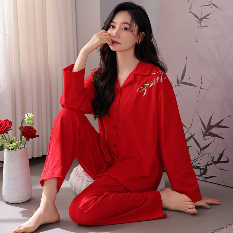 浪莎100%纯棉睡衣女士春秋季长袖本命年大红色喜庆结婚开衫家居服