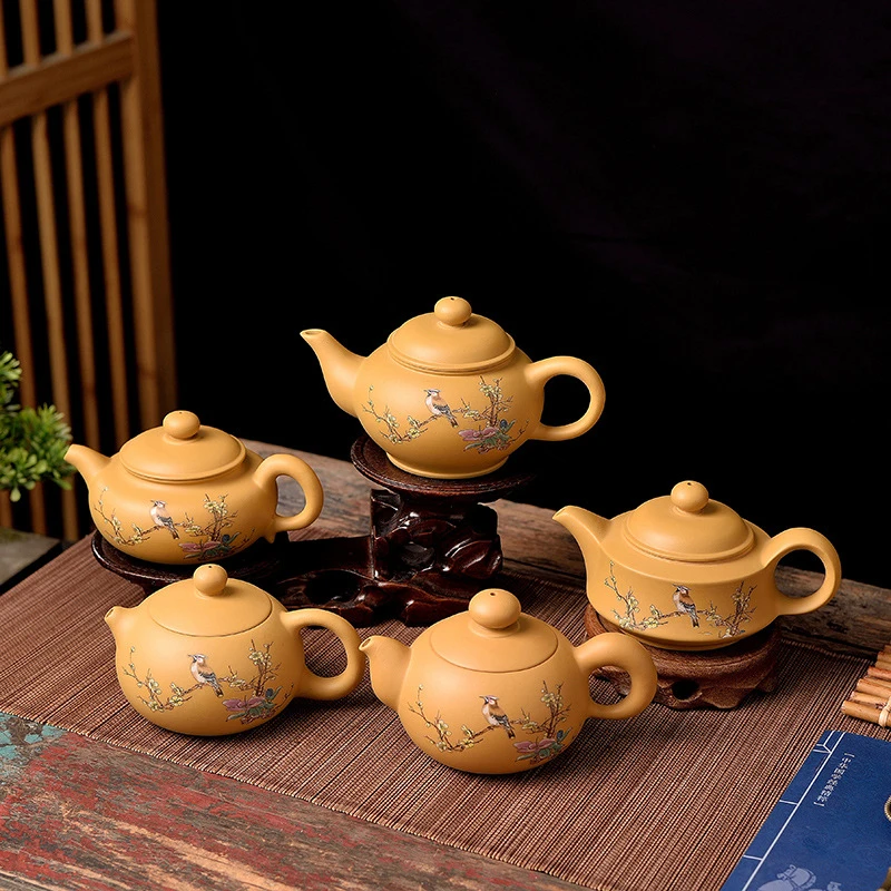 手绘花鸟黄金朱泥紫砂茶壶宜兴泡茶器功夫茶具西施贵妃仿古段泥壶