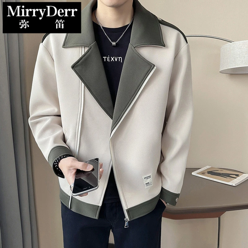 2025秋季外套男翻领华夫格新款休闲潮流痞帅拼色衣服秋男装夹克