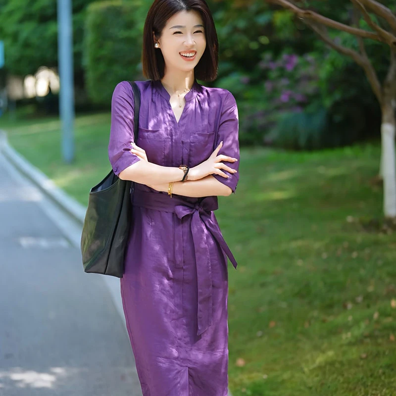 高级感气质V领紫色连衣裙2025夏季新款收腰显瘦休闲宽松亚麻裙子