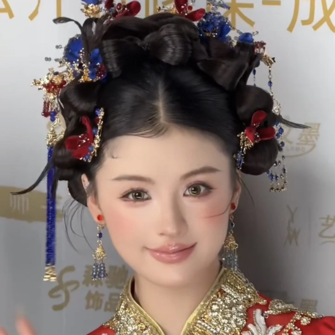 君心家 红蓝撞色布艺花朵水晶流苏发钗新娘小众中式头饰