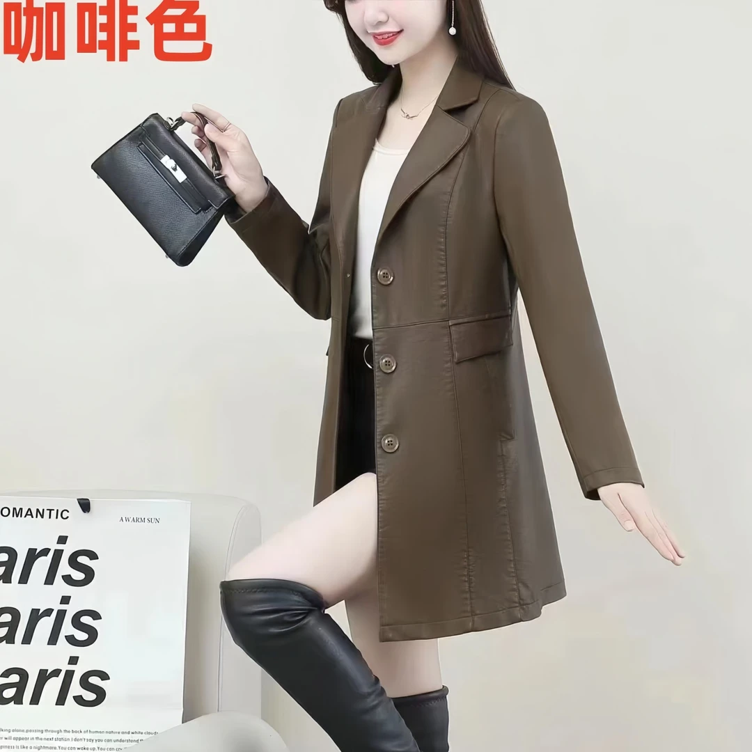 （长约80）秋冬外套时尚气质优雅减龄显瘦修身中长款皮风衣805