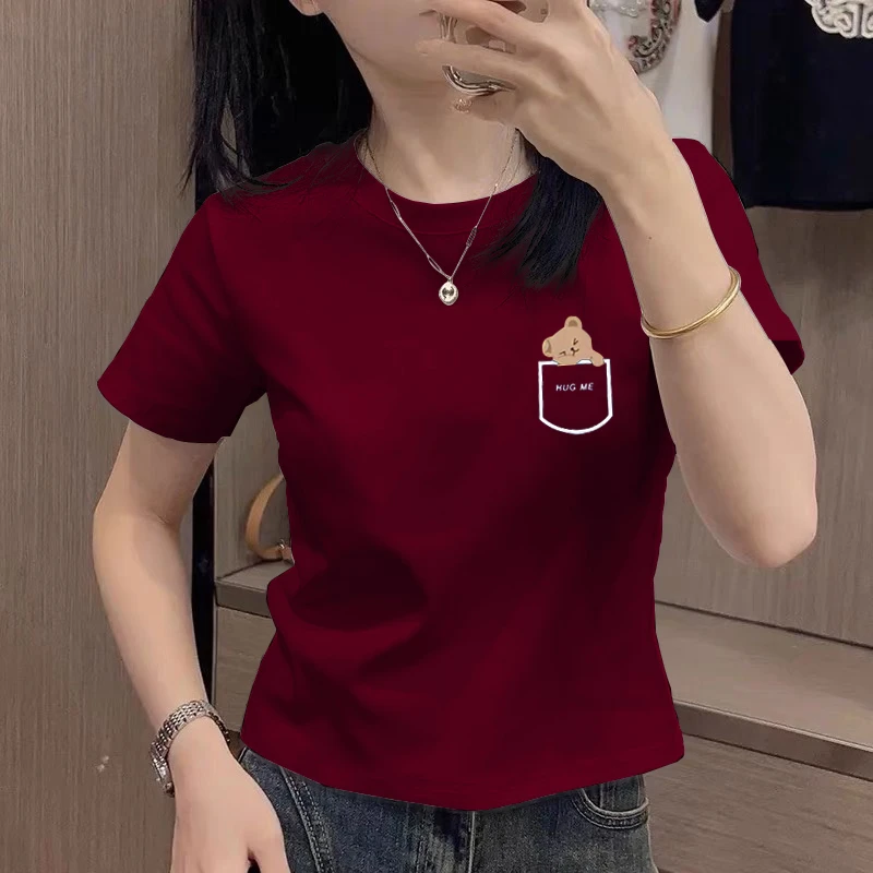 正肩红色短袖t恤女士夏季修身半袖体恤卡通印花休闲百搭洋气上衣