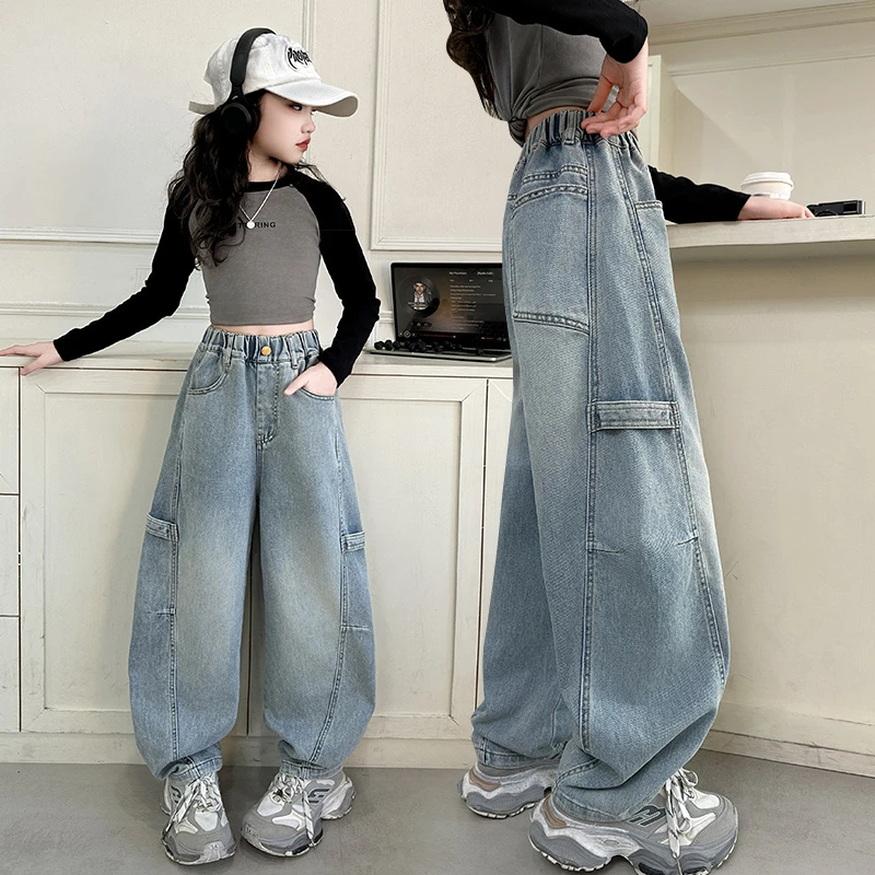 女童牛仔裤春装2025新款儿童拼接弯刀裤中大童女孩洋气时髦长裤子