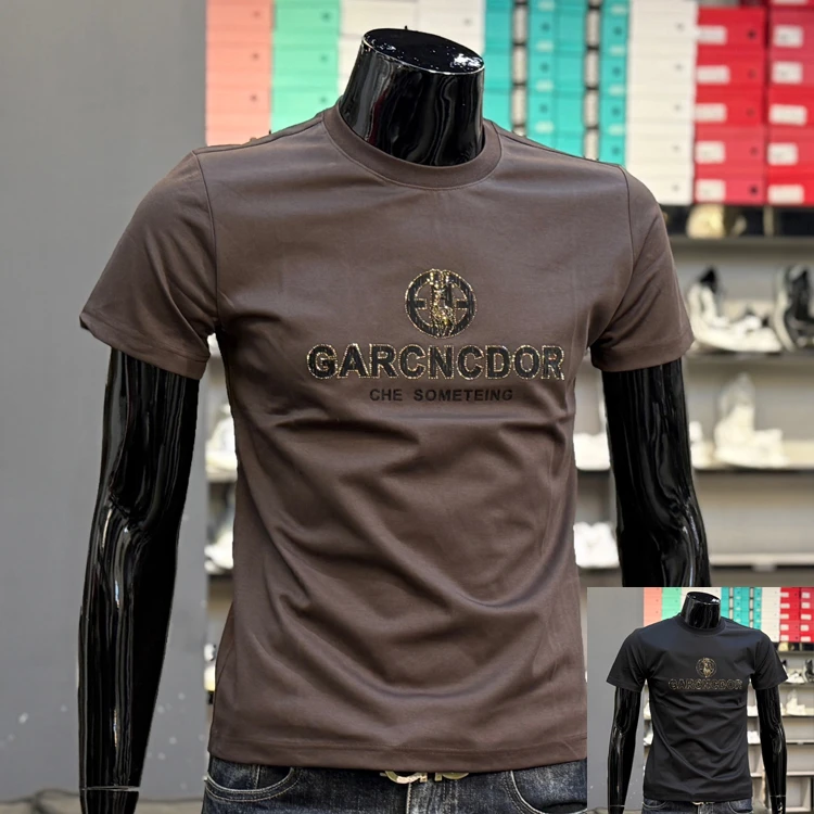 杰登利 欧货夏季新款男士短袖轻奢烫钻字母印花圆领修身小板型T恤