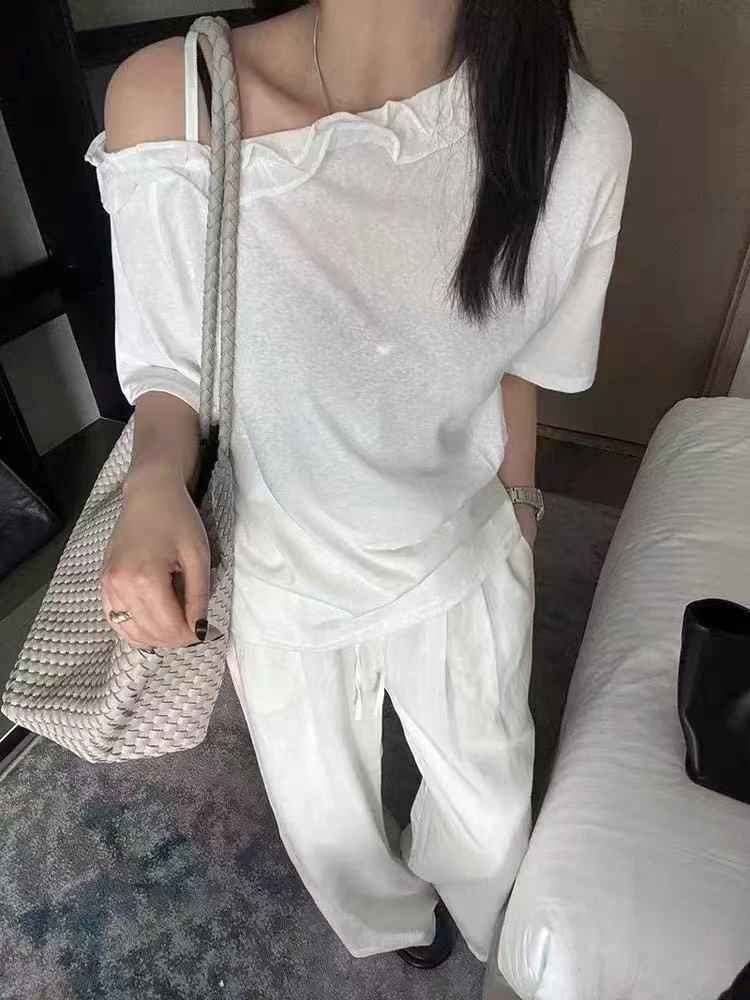 拼接木耳边斜肩吊带设计感短袖T恤女2025春夏新款洋气宽松上衣潮