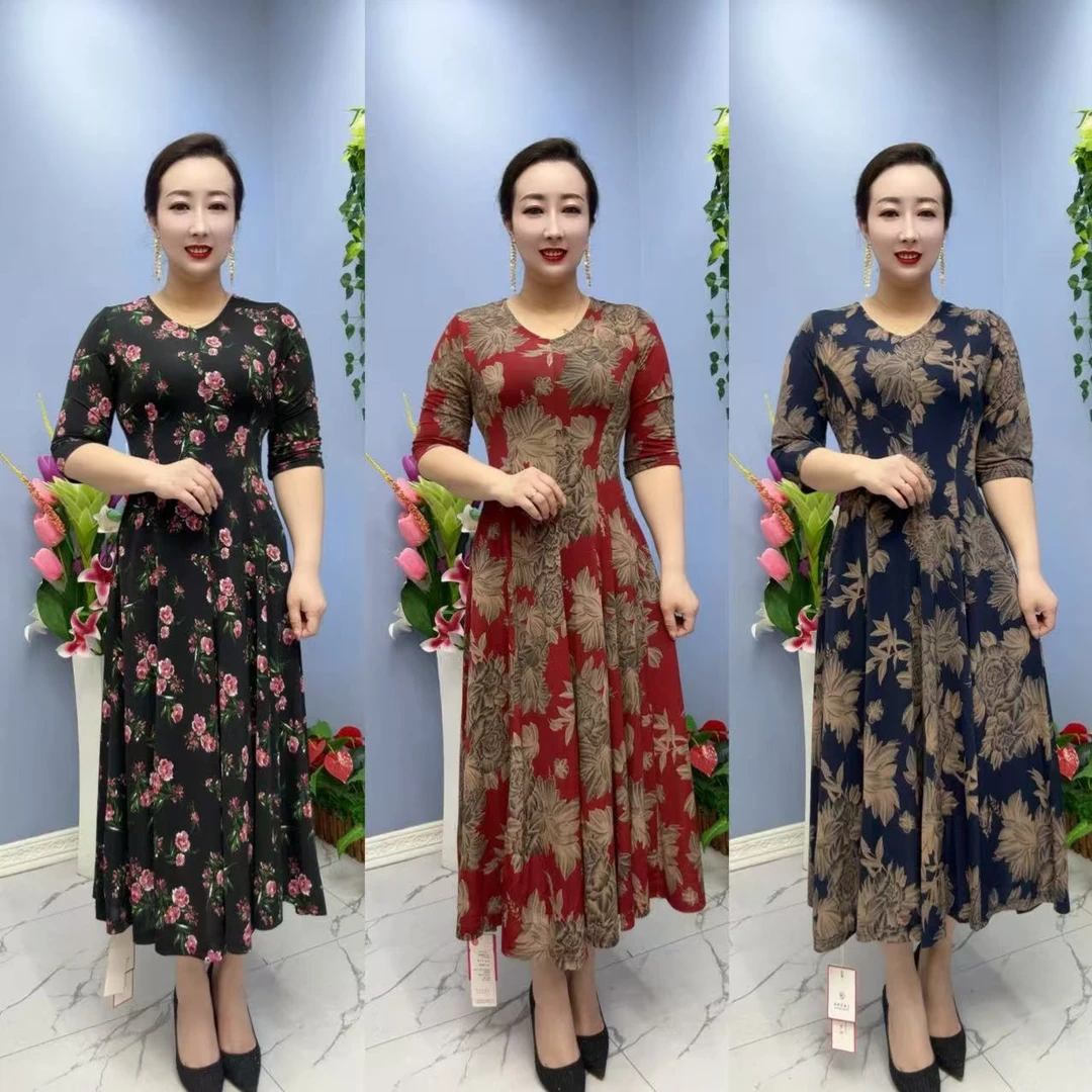 6061款气质洋气时尚提花女士遮肚夏季连衣裙妈妈装裙子