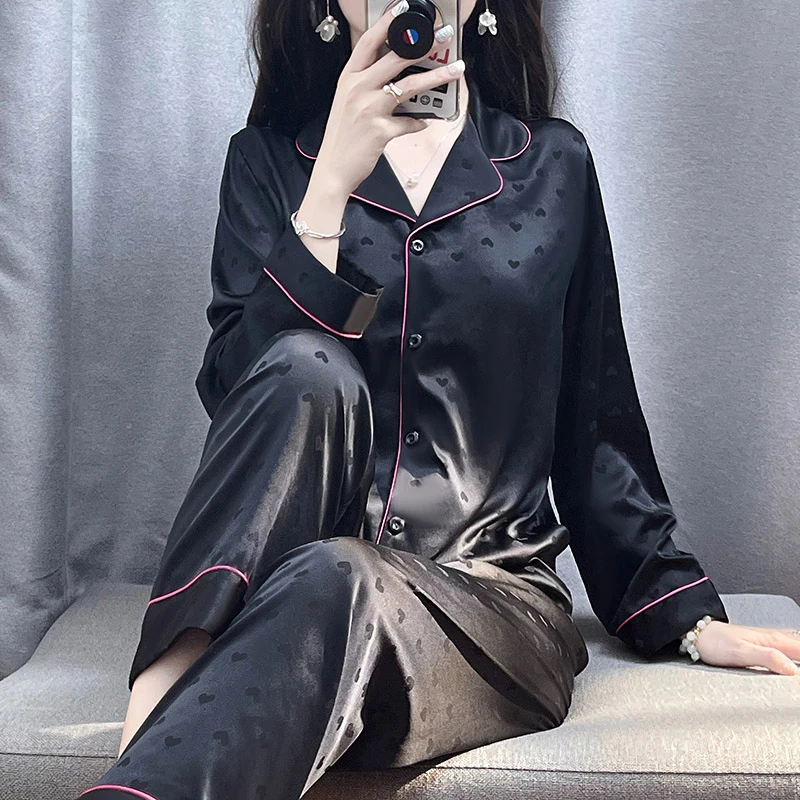 轻奢衬衫睡衣女爱心提花春秋长袖丝绸套装黑色家居服宽松韩版简约