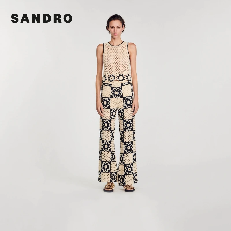 商场同款|SANDRO秋冬度假风钩针镂空花朵阔腿针织长裤SFPPA01424