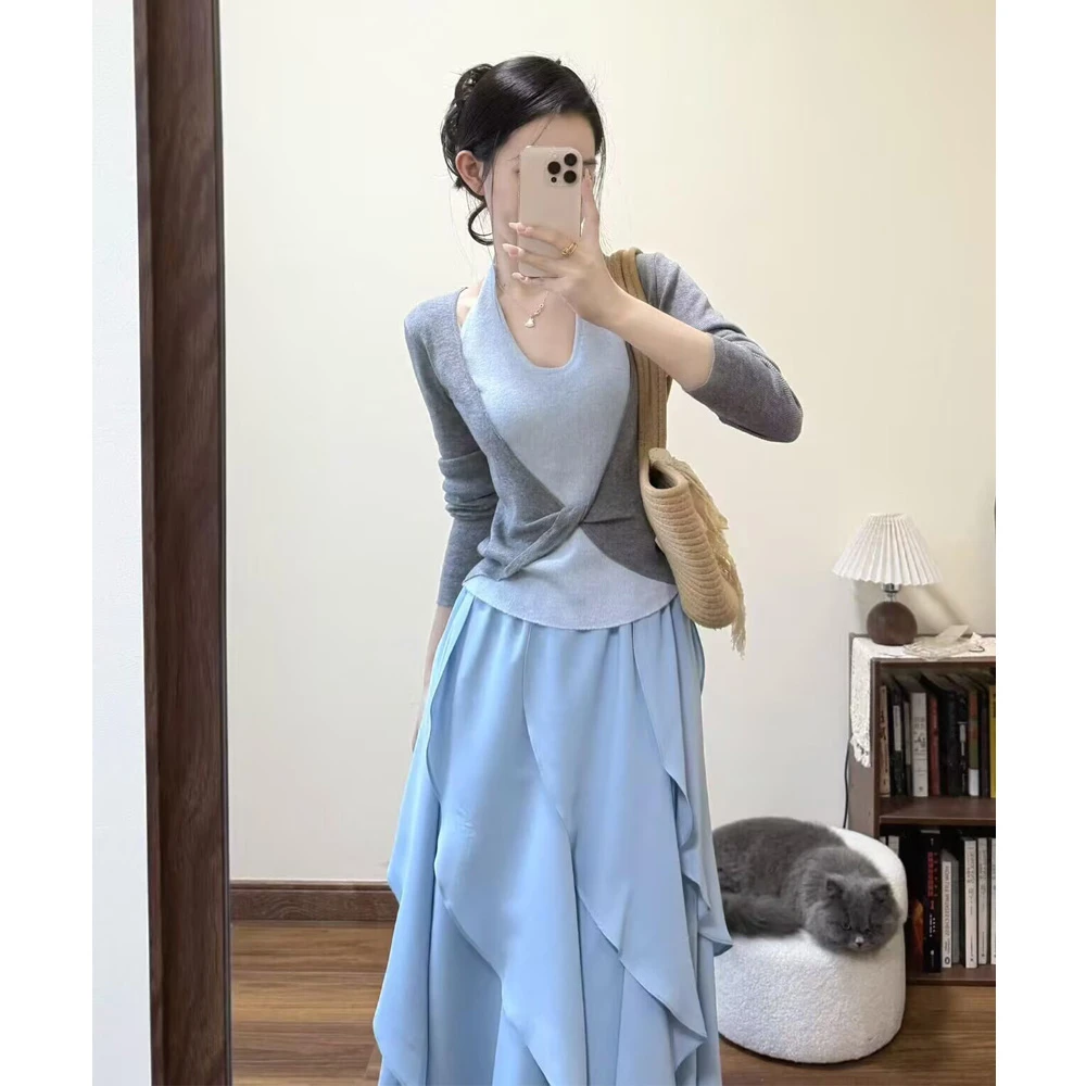 开春穿搭套装女2025新款设计感独特修身假两件内搭上衣不规则半裙