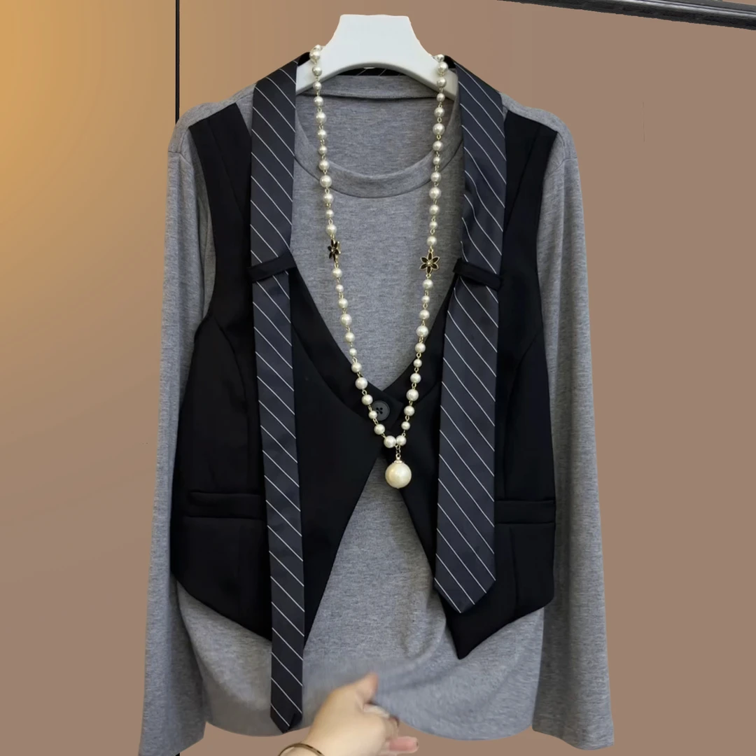 早秋季大码女装胖妹妹气质遮肉显瘦宽松时尚减龄百搭灰色假两件