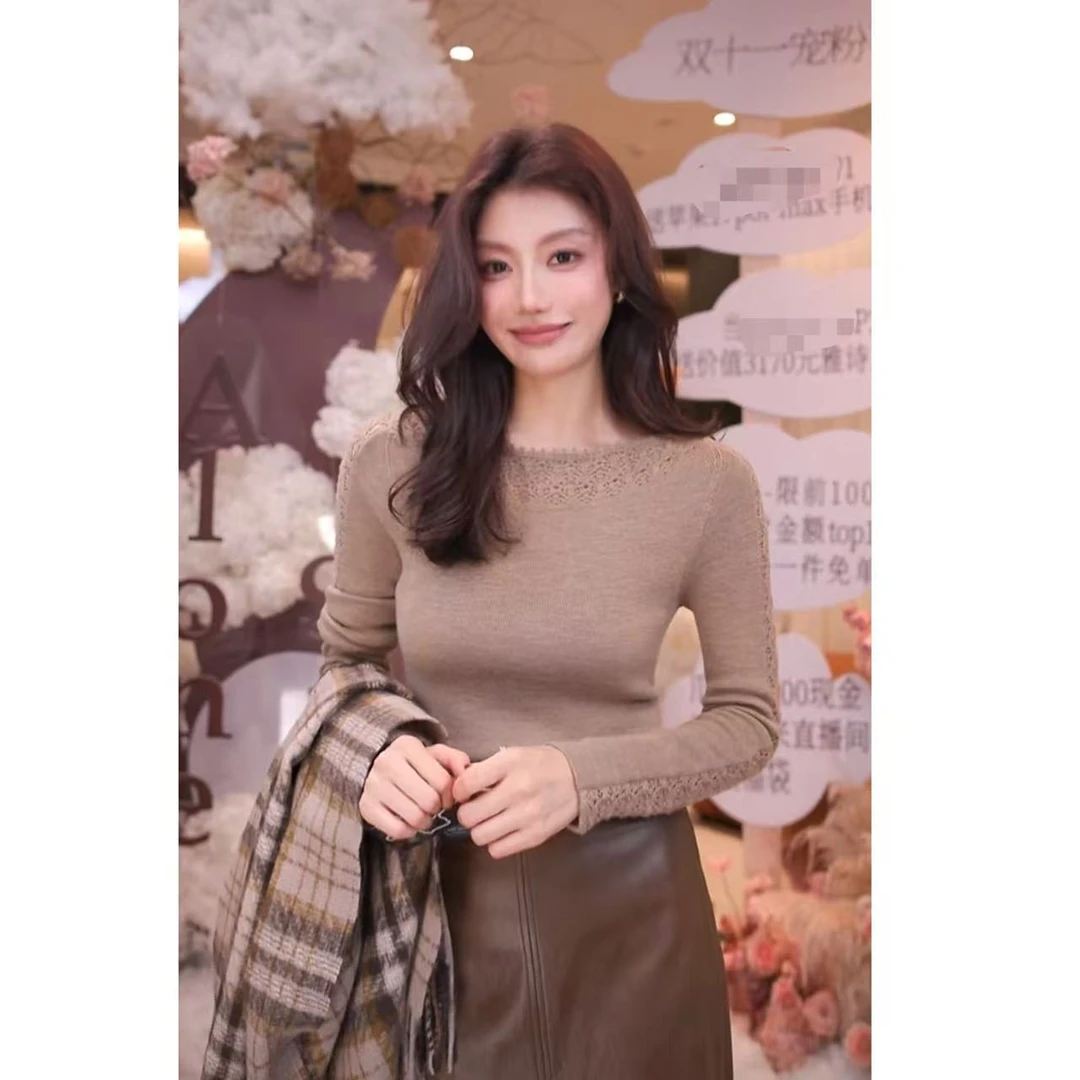 【ALONE SAVOR】龍喜儿简约圆领长袖100%羊毛钩花针织衫V706