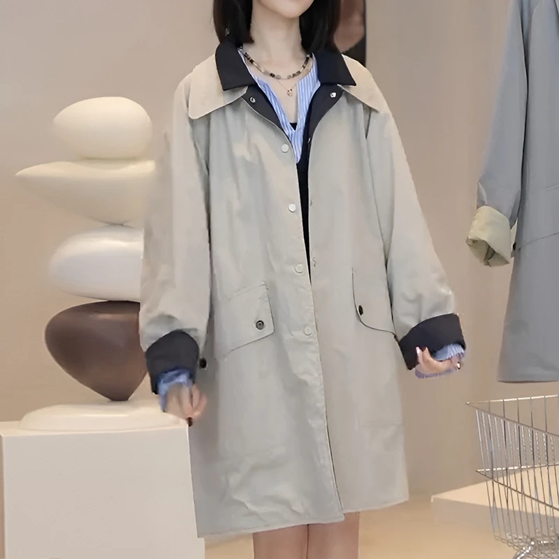 设计感小众两面穿中长款风衣韩版休闲时尚宽松初秋穿搭粉色中长款