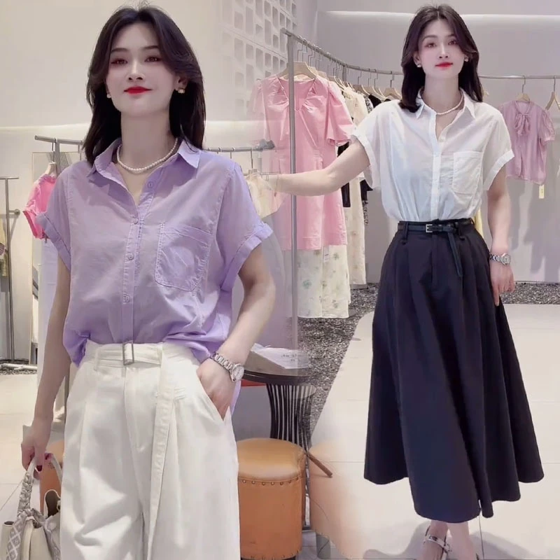 纯色短袖衬衫女高级感轻奢减龄洋气2025新款夏季法式小飞袖上衣女