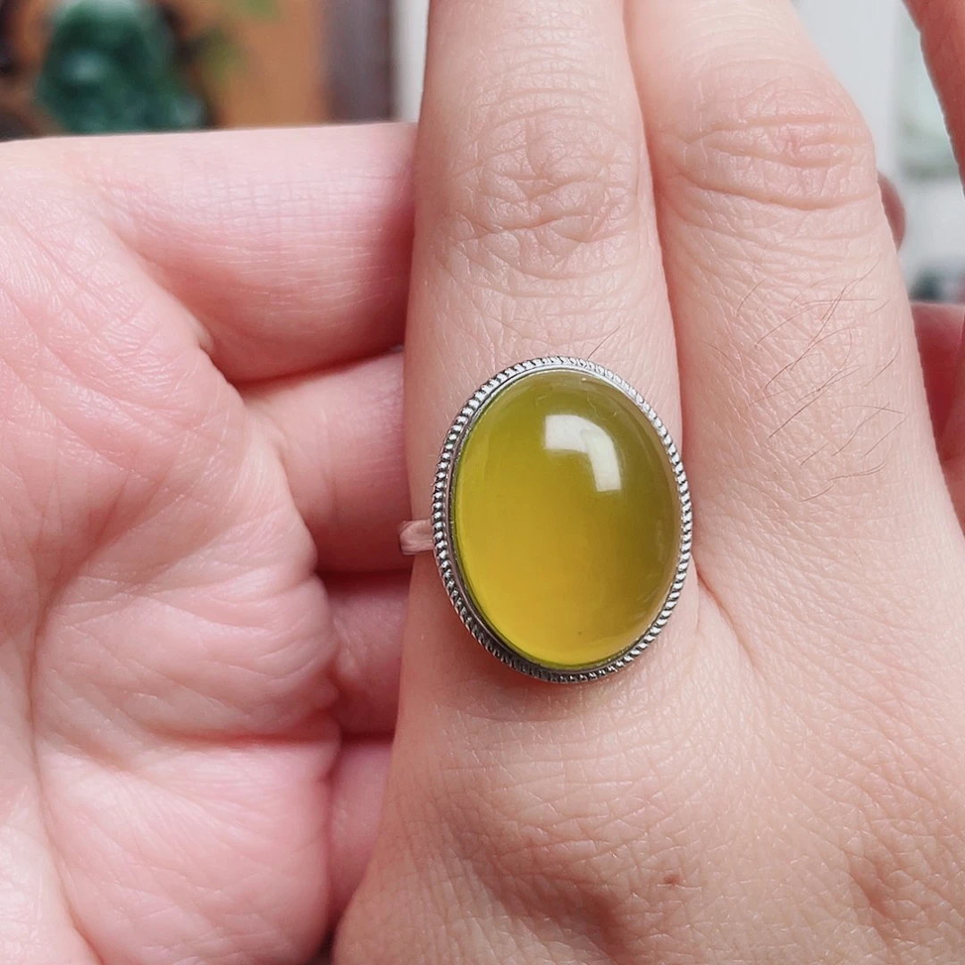 好***莲蛇纹石玉银S925镶嵌戒指