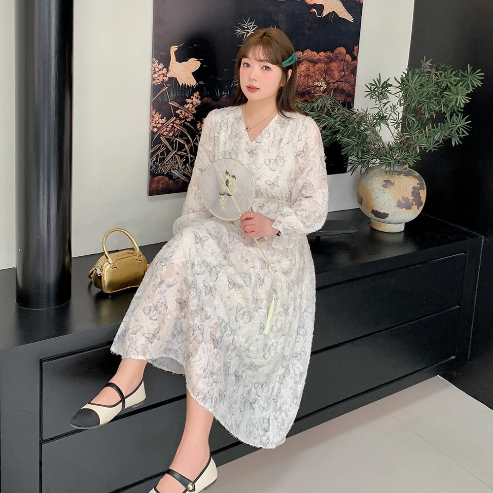 大码春季新款法式气质蝴蝶连衣裙