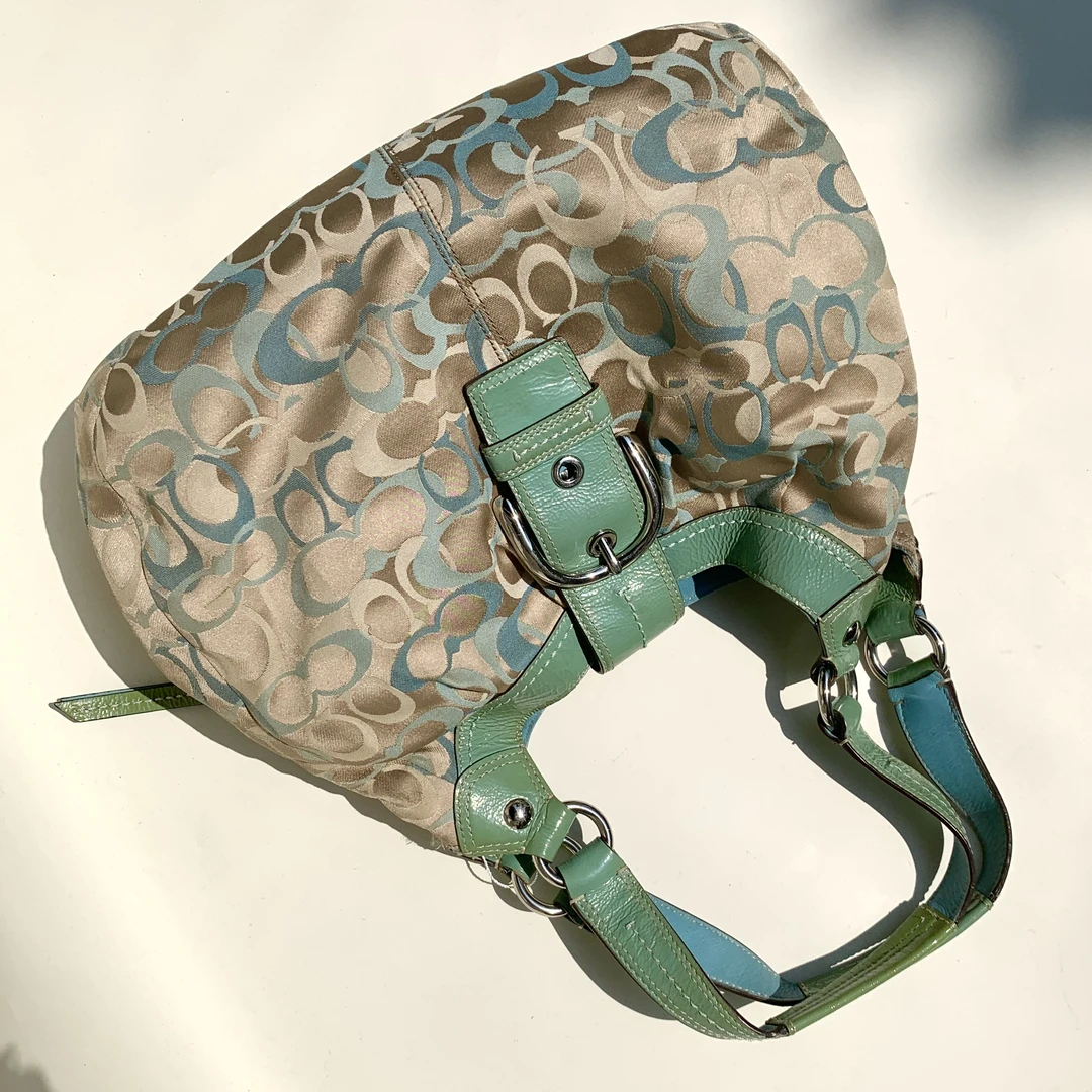 95新 COACH/蔻驰 经典复古夏日清新帆布老花绿色单肩南瓜包