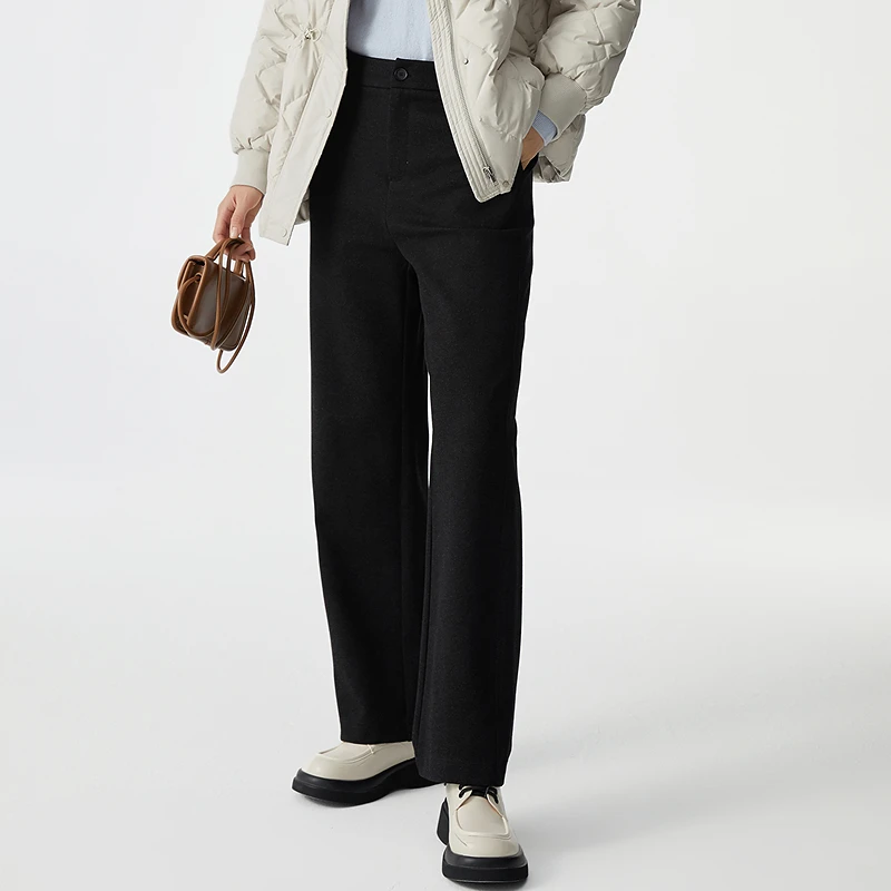 布景休闲裤女冬季新品宽松直筒黑色针织裤长裤BW44KY1469